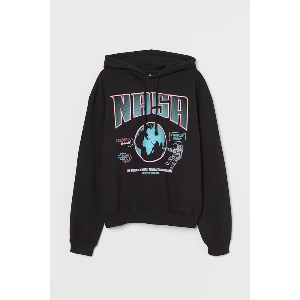 Women's Divided By H&M Black NASA Pullover Hoodie Sz S Sweatshirt Cotton Blend